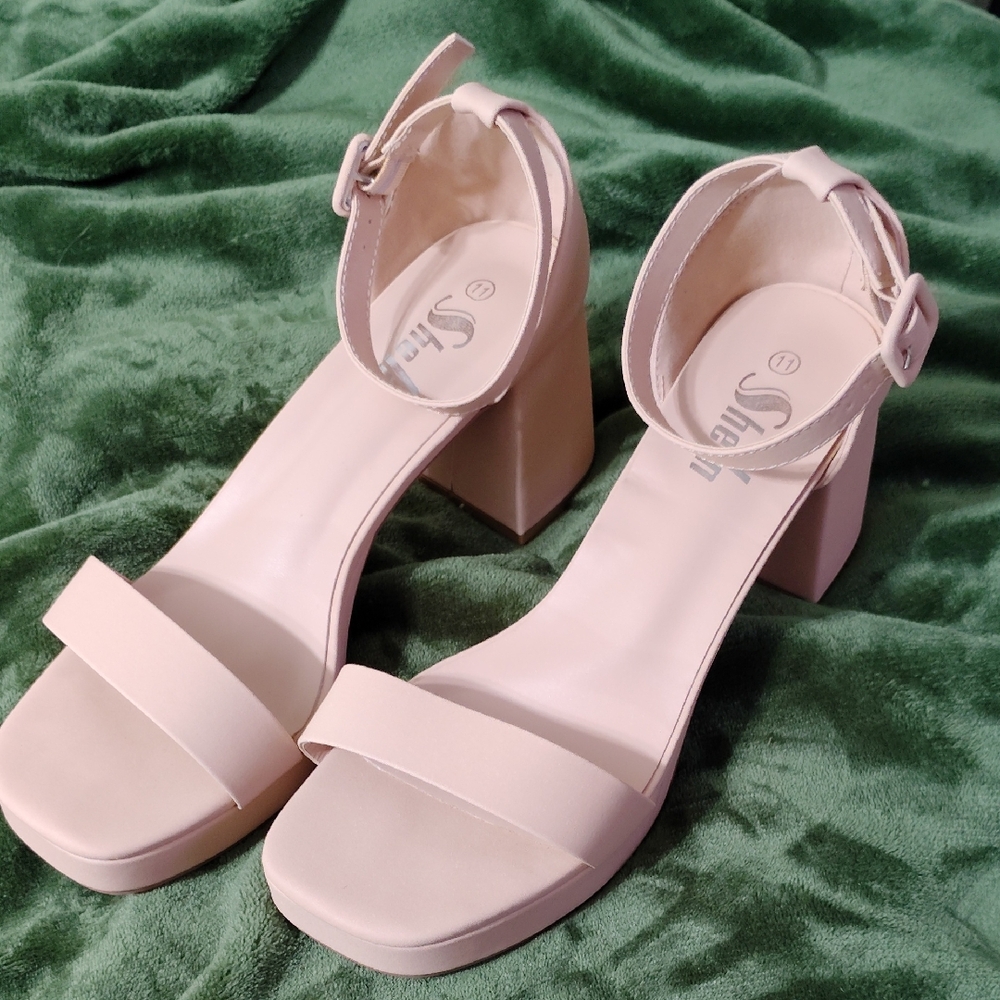 SHEIN Cream Ankle Strap Block Heels